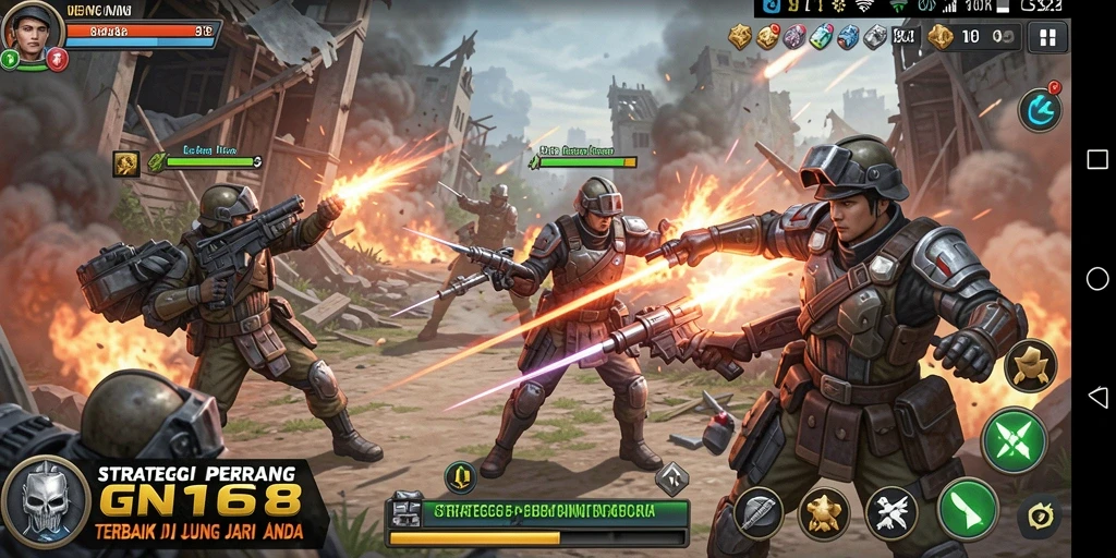 Screenshot GN168 menampilkan pertempuran strategi yang intens.